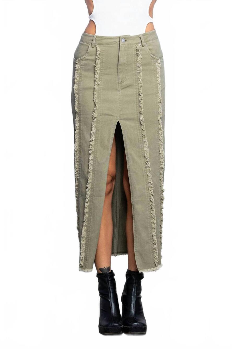 NEW NO VACANCY kristi frayed midi skirt with center slit in olive